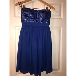 Blue sequin strapless cocktail dress